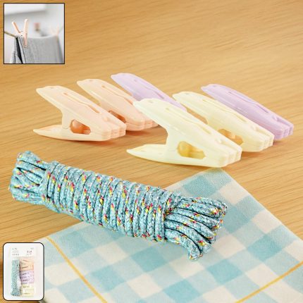 Clothesline Rope with 6 Clips – 6 Meter Approx Heavy Duty Laundry Drying Rope with Clip