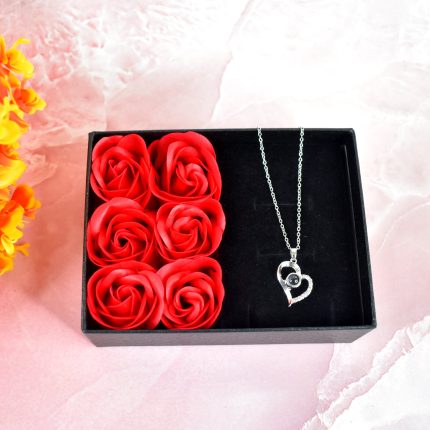 Rose Flower Gift Box, Handmade Eternal Rose with I Love You Necklace, Valentine's Day,