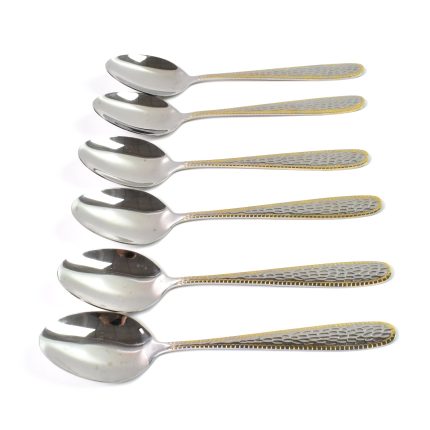 Stainless Steel Gold Bordered Textured Spoons Gold Plated Handle Set of 6 Pc