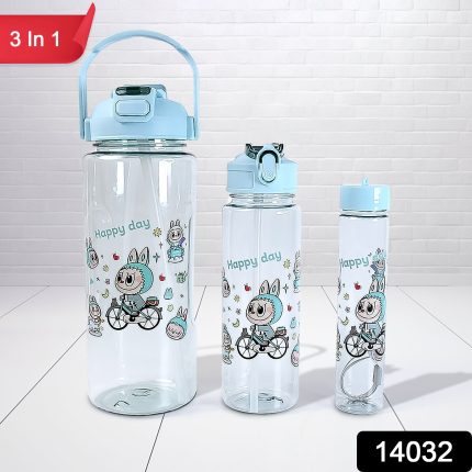 3 in 1 Plastic water drinking bottle with handle straw  (3 Pcs Set)