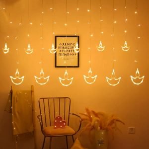 12 Diya Curtain String Lights, Window Curtain Lights with 8 Flashing Modes Decoration Light (White Color)