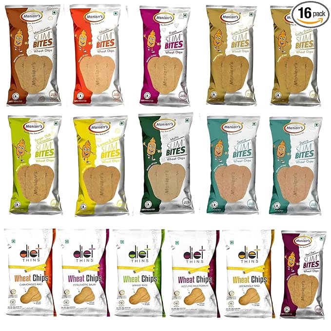 Maniarr's Plain Slim Bites Khakhra with14 Flavors (Combo Pack of 16), 790 Grams Wheat Khakhara, Healthy & Crispy, Low Carb Snack