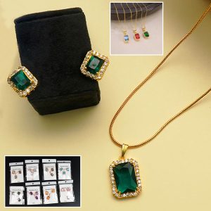 Stone Pendant Necklace Chain Set with Earrings (1 Set / Mix Color & Design)